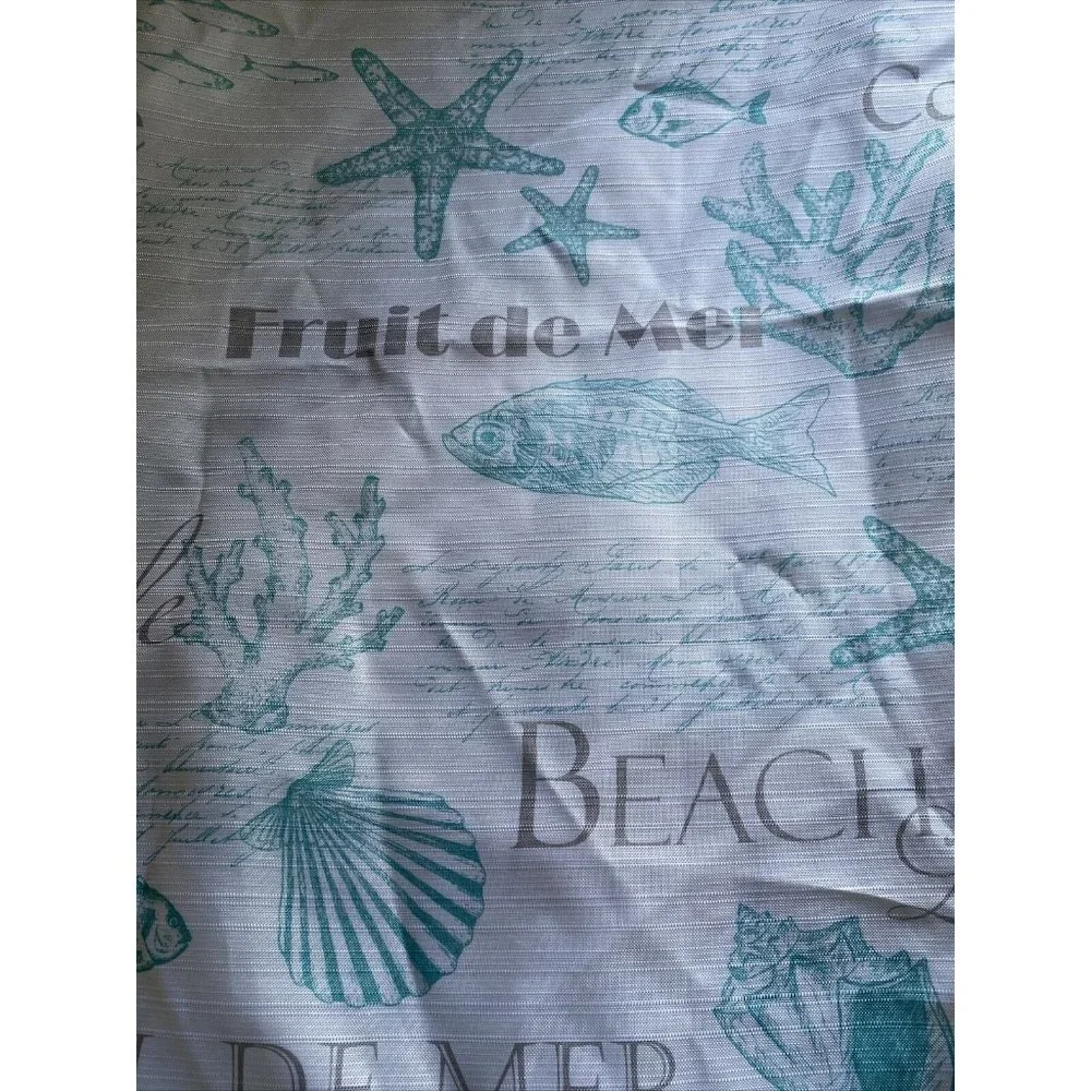 Shower Curtain & Hooks Beach Life Seaside Starfish Sea Shells Fabric Teal White